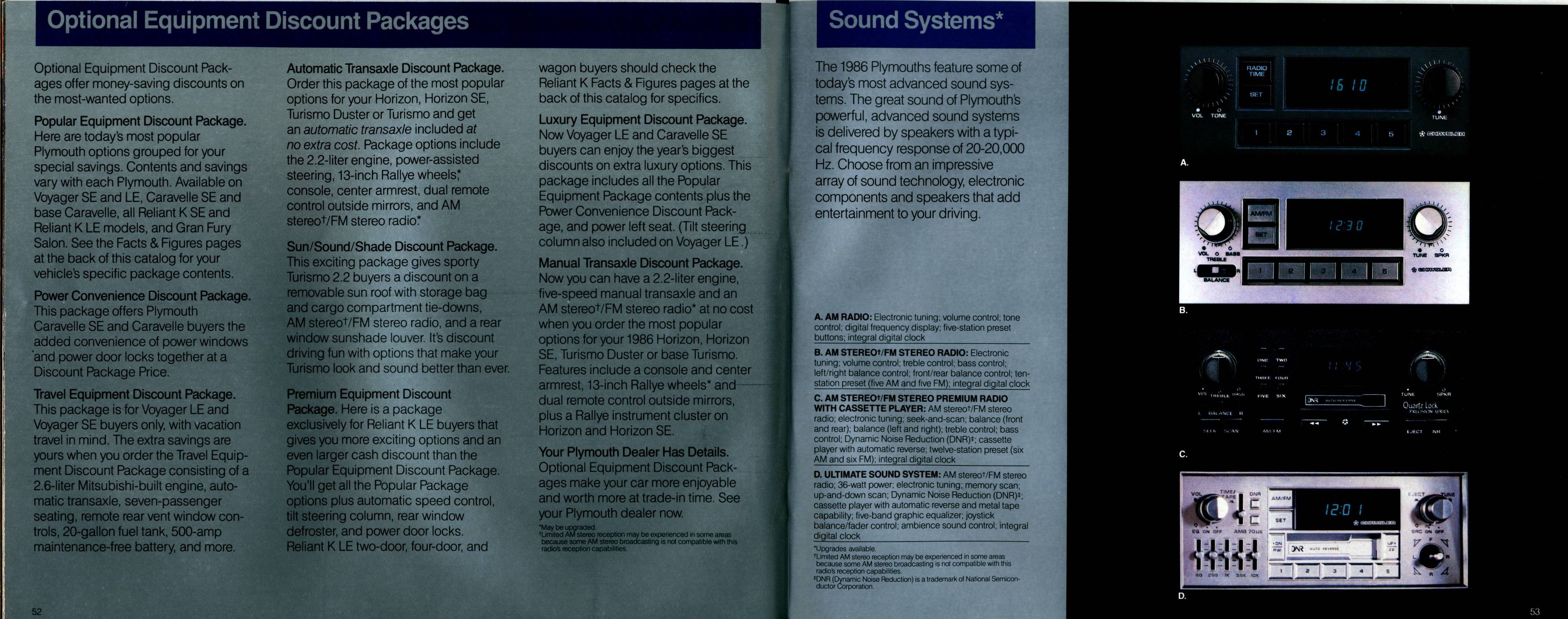 1986 Plymouth Full Line Prestige Brochure 52-53