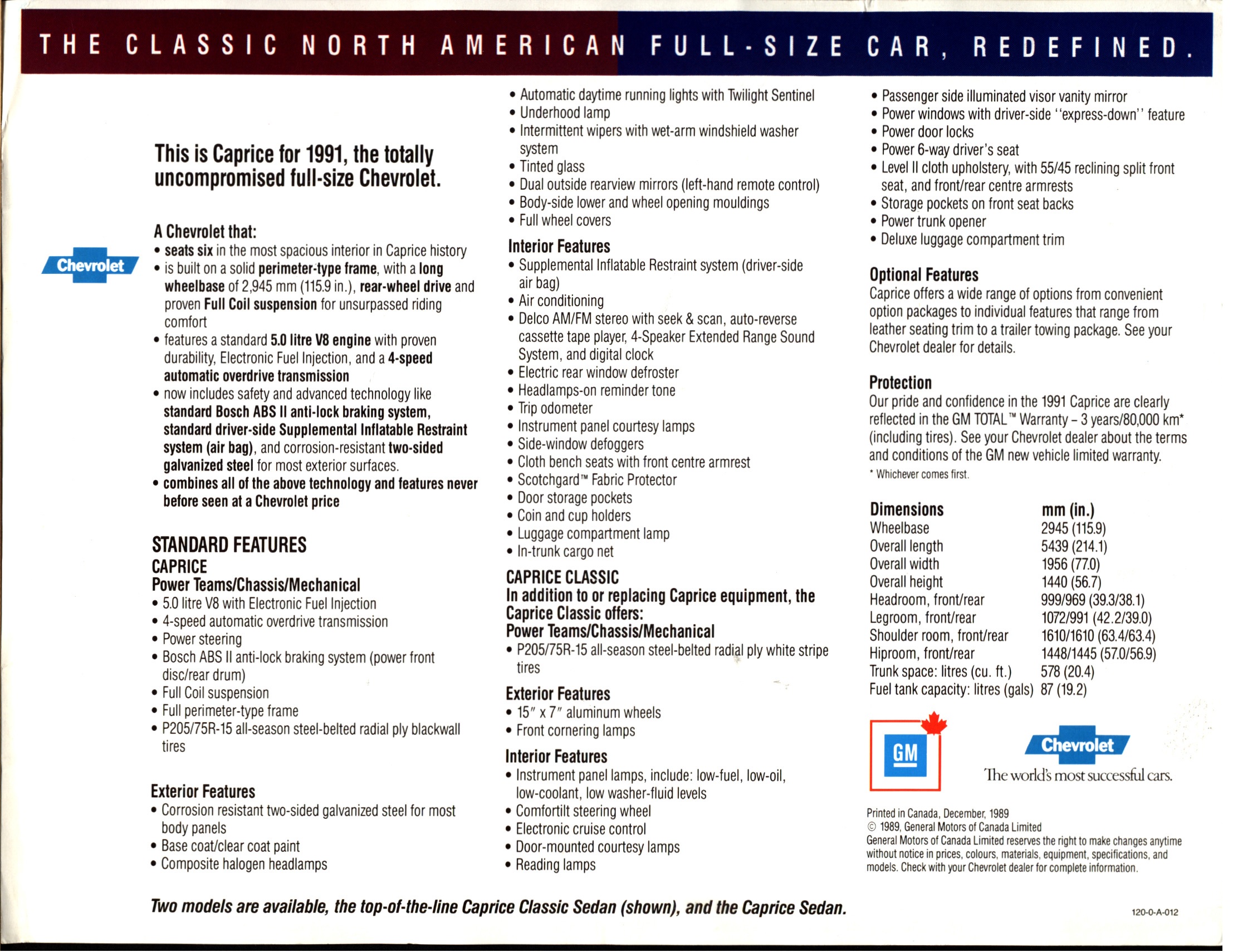 1991 Chevrolet Caprice Data Sheet (Cdn) 02